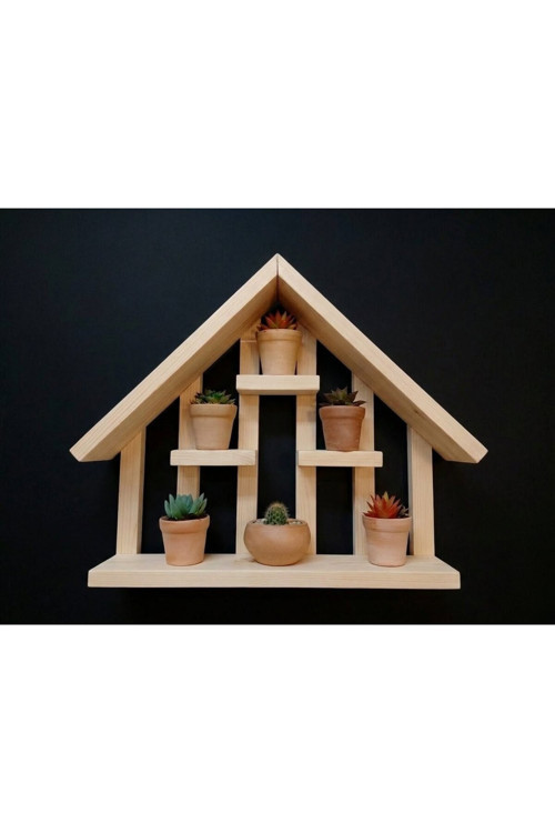 Ahşap Ev Tasarım Dekoratif Duvar Rafı - Sukulent Ve Mini Çiçek Rafı 40X30 Cm