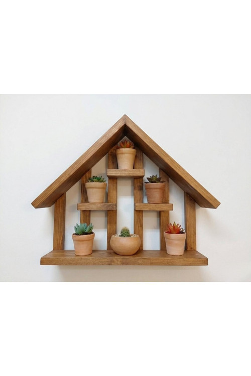 Ahşap Ev Tasarım Dekoratif Duvar Rafı - Sukulent Ve Mini Çiçek Rafı 40X30 Cm