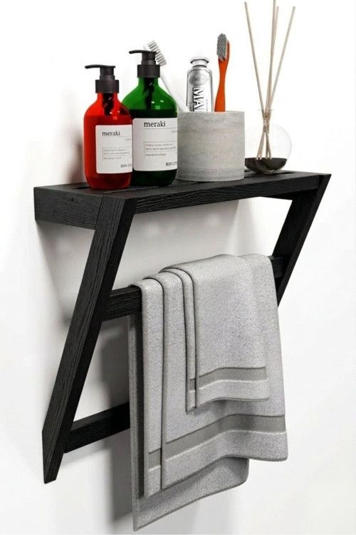 Matkap Gerektirmeyen Ahşap Banyo Rafı Ve Havluluk - 50X40 Cm - Yapışkanlı Duvar Rafı