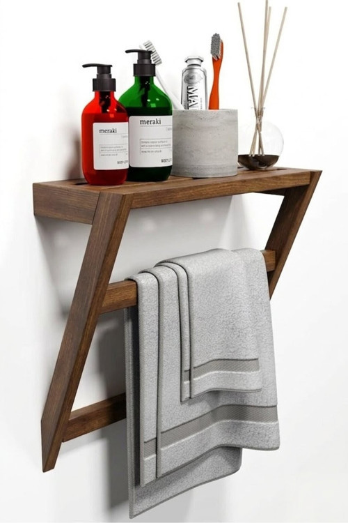 Matkap Gerektirmeyen Ahşap Banyo Rafı Ve Havluluk - 50X40 Cm - Yapışkanlı Duvar Rafı