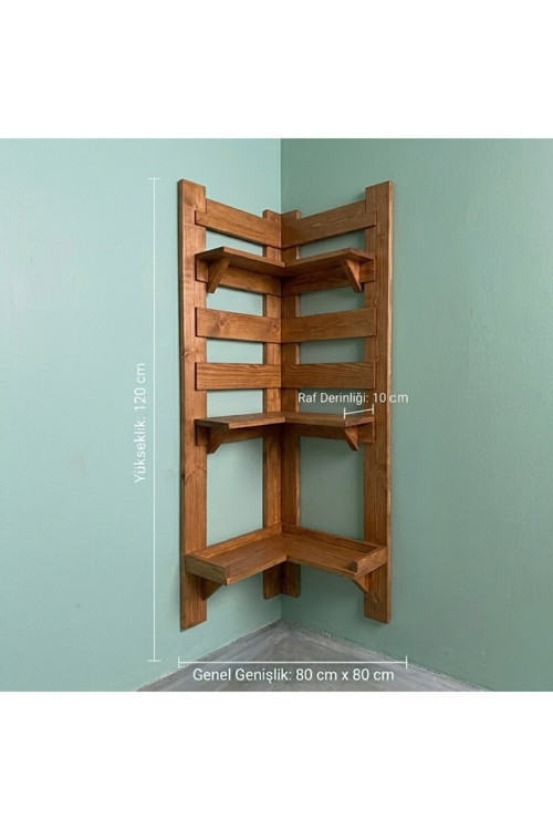 Ahşap Köşe Rafı Dekoratif Çok Amaçlı Duvara Monte Çiçeklik Kitaplık 80X120 Cm - Kestane Ve Doğal Ahşap Seçenekli