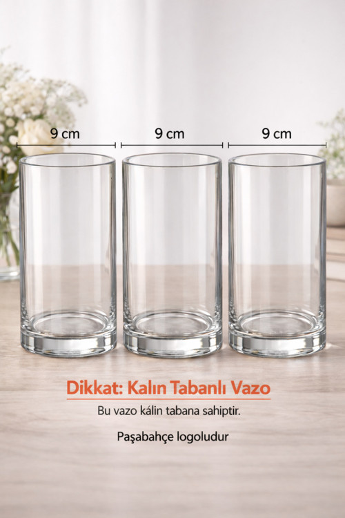 Countra 3'Lü Set Logolu Kalın Tabanlı Silindir Cam Mumluk 9X16 Cm