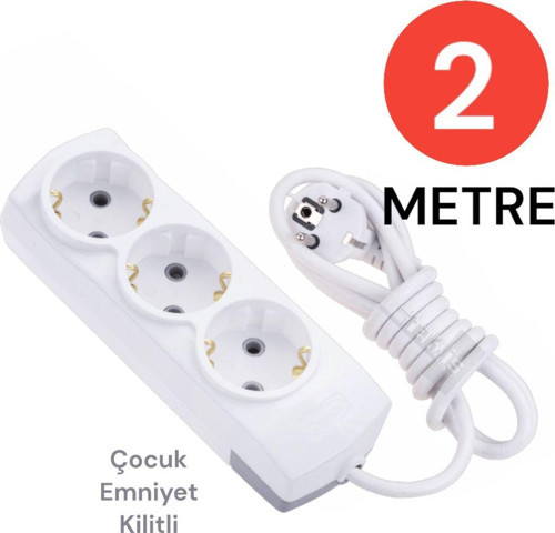 Grup Priz Topraklı 3 Lü 2 Metre Çocuk Korumalı Çoklu Priz Seyyar Ara Kablo Uzatma Kablosu