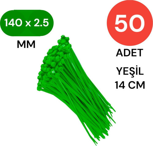 Plastik Kablo Bağı Klipsi Cırt Kelepçe 140 Mm X 2.5 Mm Yeşil 50 Adet
