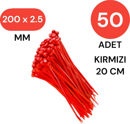 Plastik Kablo Bağı Klipsi Cırt Kelepçe 200 Mm X 2.5 Mm Kırmızı 50 Adet