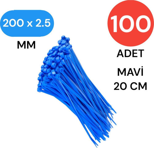 Plastik Kablo Bağı Klipsi Cırt Kelepçe 200 mm X 2.5mm Mavi 100 Adet