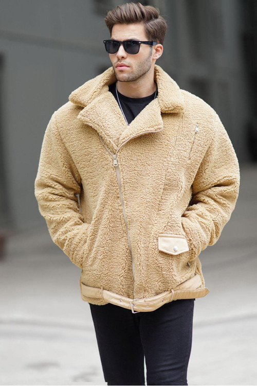 Camel Peluş Biker Erkek Ceket 6849