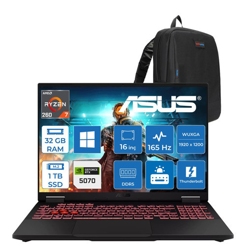 Tuf Gaming A16 FA608UP Amd Ryzen™ 7 260 Aı 32GB Ddr5 1tb SSD 8GB/RTX5070 115W 16-Inch Fhd+ 1920 x 1200, 165Hz 3ms IPS-SRGB:100% WINDOWS11PRO Gaming Laptop WRV199P11+ZETTAÇANTA