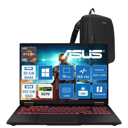 Tuf Gaming A16 FA608UP Amd Ryzen™ 7 260 Aı 32GB Ddr5 512GB SSD 8GB/RTX5070 115W 16-Inch Fhd+ 1920 x 1200, 165Hz 3ms IPS-SRGB:100% WINDOWS11HOME Gaming Laptop WRV199H09+ZETTAÇANTA