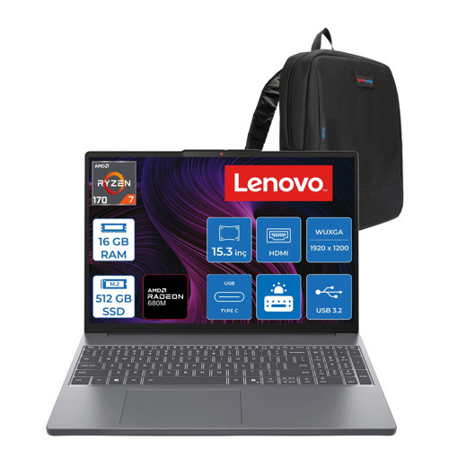 Ideapad Slim 3 15ARP10 Amd Ryzen 7 170 16GB Ddr5 512GB SSD 15.3" Wuxga (1920X1200) IPS 300NITS Freedos Taşınabilir Bilgisayar 83K700PSTRF02+ZETTAÇANTA