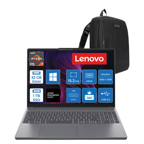 Ideapad Slim 3 15ARP10 Amd Ryzen 7 170 32GB Ddr5 1tb SSD 15.3" Wuxga (1920X1200) IPS 300NITS WIN11PRO Taşınabilir Bilgisayar 83K700PSTRP13+ZETTAÇANTA