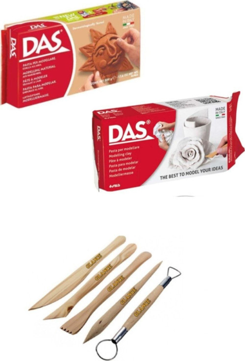 Beyaz Kahve Seramik Kili 500 gr Modelaj Kalemi Ebeşuar 5 Li Ahşap Set H.s