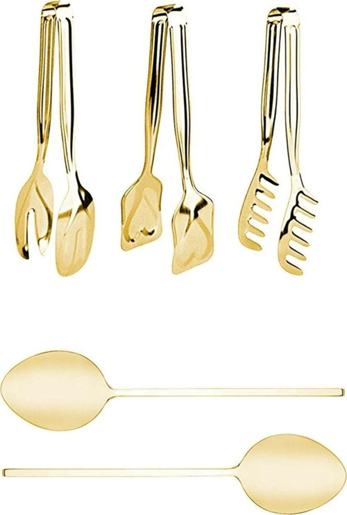 5'Li Altın Titanyum Kaplama Lüks Pasta Makarna Salata Maşa Servis Kaşık Set, Gold Kaplama Maşa Set
