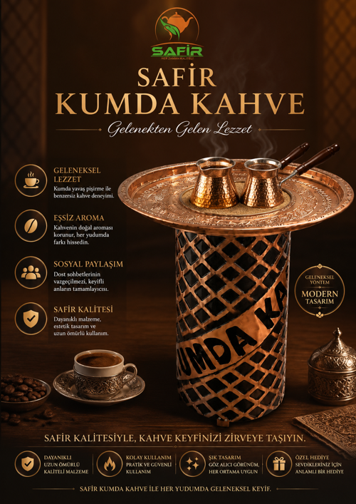 SAFİR TABURE KUMDA KAHVE BAKIR YÜKSEK BOY KUMDA KAHVE MAKİNESİ BAKIR TEPSİLİ BAKIR KUMDA KAHVE STANDI SAFİR GOLD