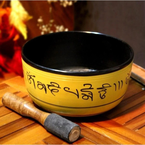 Tibet Renkli İşlemeli Tibet Kase Meditasyon Çanı Tokmaklı 18Cm