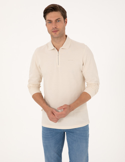 Bej Slim Fit Kıvrılmaz Fermuarlı Polo Yaka Basic Pike Sweatshirt 50314046-VR011