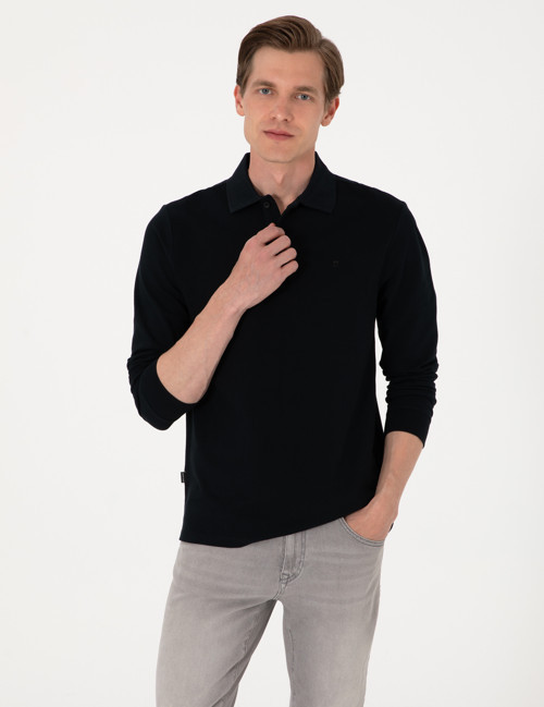 Siyah Slim Fit Kıvrılmaz Polo Yaka Basic Pike Sweatshirt 50314048-VR046
