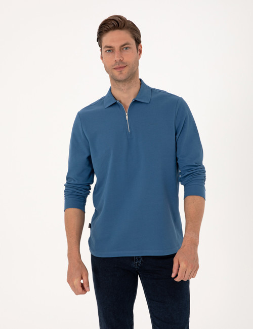 Açık Lacivert Slim Fit Kıvrılmaz Fermuarlı Polo Yaka Basic Pike Sweatshirt 50314046-VR059