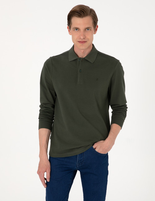 Koyu Yeşil Slim Fit Kıvrılmaz Polo Yaka Basic Pike Sweatshirt 50314048-VR079