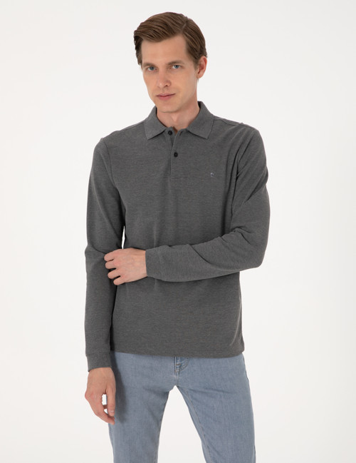 Antrasit Melanj Slim Fit Kıvrılmaz Polo Yaka Basic Pike Sweatshirt 50314048-VR081