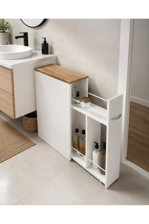 Banyo Rafları Banyo Dolabı Mutfak Organizer Düzenleyici Çok Amaçlı Dolap Sürgülü Raflı İnce Kiler Erzak Deterjan Dolabı Yukon Beyaz - Çam