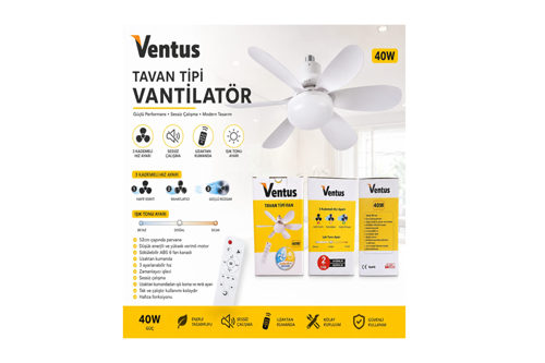 Sessiz Çalışma 6 Kanat ve Işıklı Uzaktan Kumandalı Tavan Tipi Vantilatör-Tavan Fanı 40W