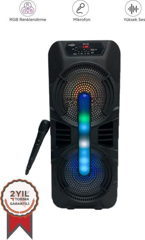 Siyah GTS-1702 Taşınabilir Bluetooth Mikrofonlu RGB Işıklı Hoparlör