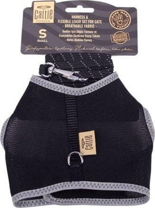 Havalı Dokuma Kedi Göğüs ve Gezdirme Takımı Small Siyah 1x20-30 Cm