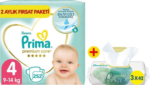 Bebek Bezi Premium Care 4 Beden 252'li 2 Aylık Fırsat Paket + Pure 3'lü Islak Havlu 126 Yaprak