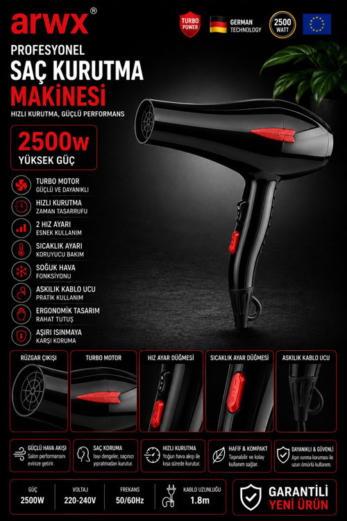 2500W Profesyonel Saç Kurutma Makinesi Turbo Motor 2 Kademeli Sıcaklık Ve Hız Ayarlı