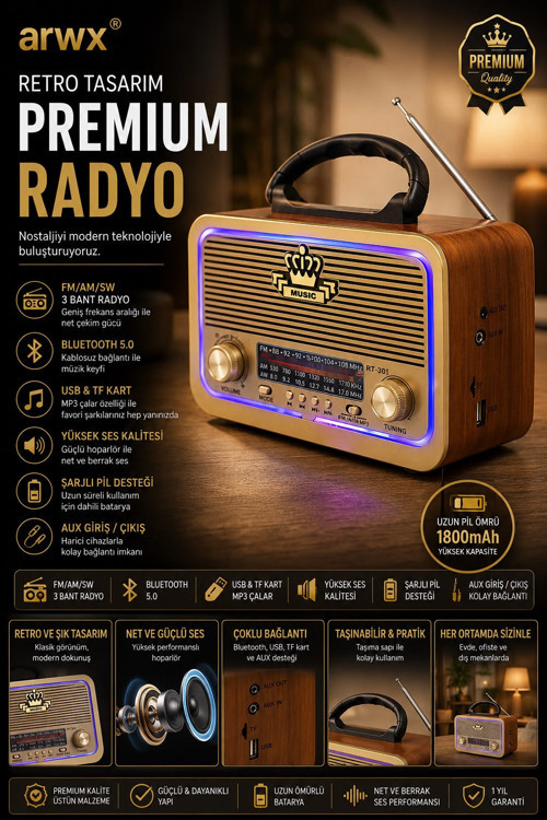 Şarjlı Işıklı Nostaljik Radyo Hoparlör Usb Tf Aux Destekli Müzik Çalar 301