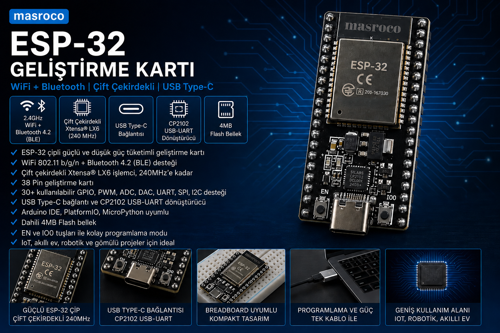 -32 WiFi + Bluetooth Geliştirme Kartı Type-C (38 Pin, Siyah PCB, USB Kablo Dahil)