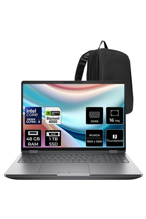 ZBook Fury G1i Core Ultra 9 285HX RTX Pro 4000 Blackwell 16GB 48GB RAM 1TB SSD 16" FHD+ FreeDOS C65G3ESPN343 İş İstasyonu + PER4 Çanta