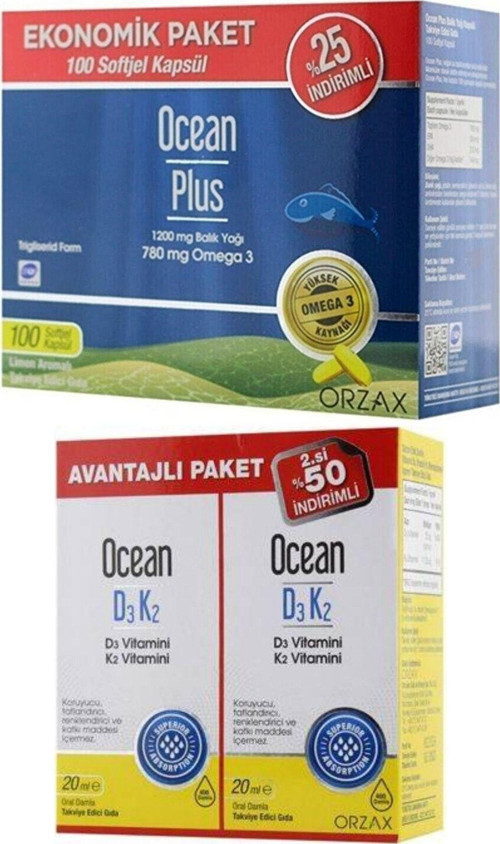 Plus Omega 3 1200 Mg 100 Kapsül + Ocean Vitamin D3K2 Damla 20 Ml 2'Li Avantaj Paket