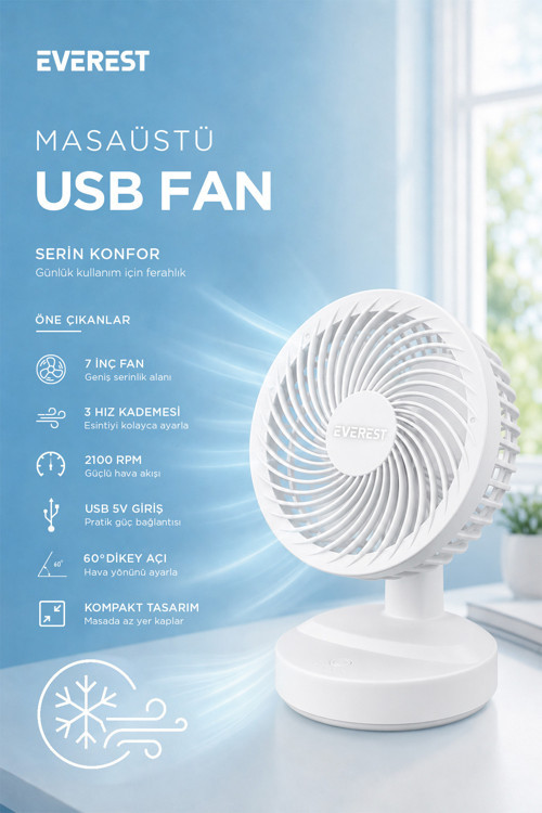 Efn-508 Beyaz Şarj Edilebilir 3 Kademeli Usb Fan Vantilatör Sessiz Masaüstü Vantilatör Fan