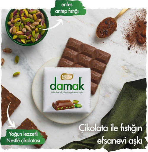 Damak Antep Fıstıklı Sütlü Kare Çikolata 60 Gr
