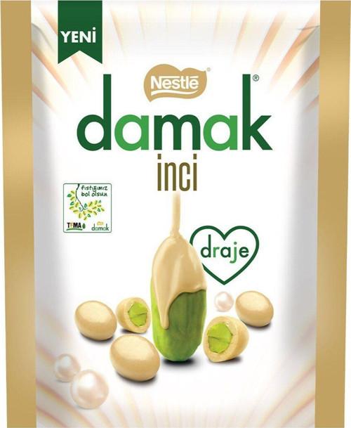 Damak İnci Beyaz Çikolata Kaplı Antep Fıstıklı Draje 50 Gr X 12 Adet