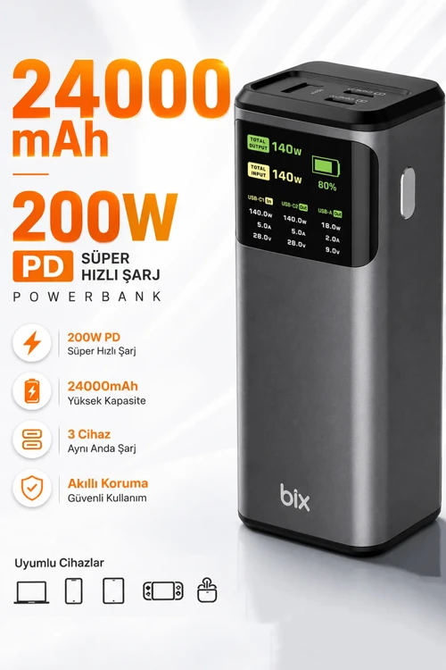 24000mAh 200W Powerbank 140W USB-C Çıkış Dijital Ekran 3 Port Laptop Telefon Taşınabilir Şarj Cihazı
