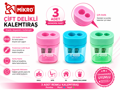 Mikro Çift Delikli Kalemtıraş 3 Adet Hazneli Standart ve Jumbo Kalem Uyumlu MK-1011