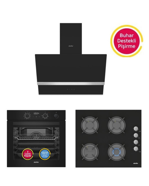 Steam Master Siyah Cam 3'lü Ankastre Set (8244 Fırın + 3500 Ocak + 8738 Davlumbaz)