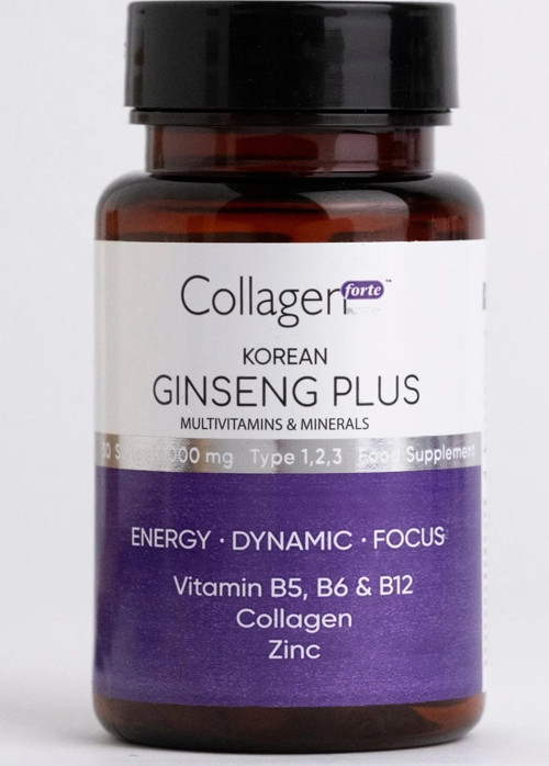 Kırmızı Kore Ginseng Plus, Hidrolize Kolajen, Vitamin B5-B6-B12 & Çinko, 1000mg Softjel Kapsül