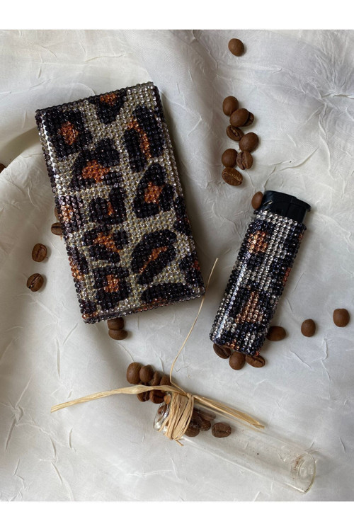 Cigarillo Kılıfı Kalın Kısa kutu uyumlu (black& Brown Leopar Değerli Taş Kaplama)