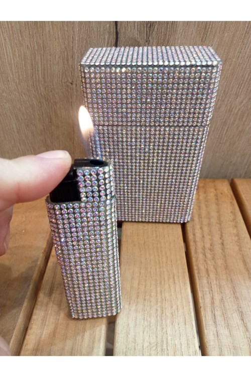 Janjanlı (Neon) Taşlı Kısa Kalın Metal Sigara Kutusu ve Çakmak (DOLABİLEN)