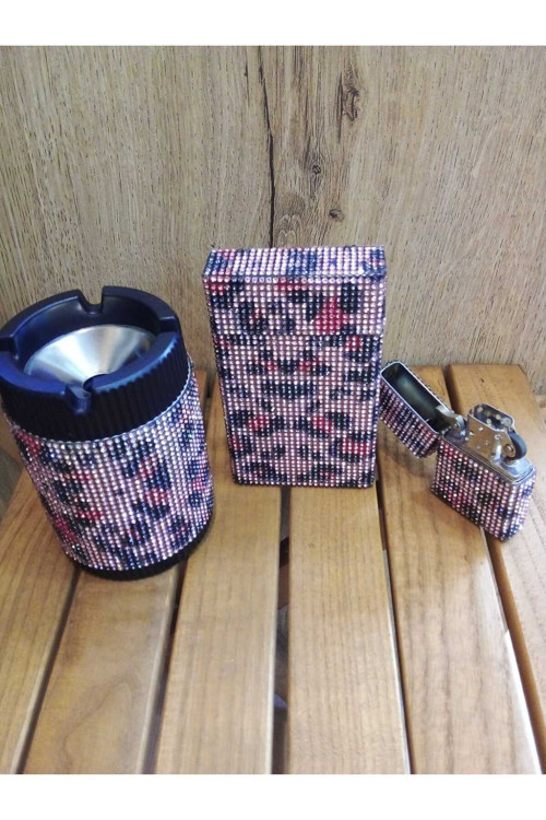 Pembe Leopar Slim (İnce) Uzun Sigara Kutusu-Alüminyum Küllük ve Zippo Çakmak