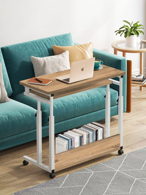 Yükseklik Ayarlı ve Klavyelikli Çalışma Masası - Atlantik Çam Beyaz (Tekerli) 80x40 Oval Kenar