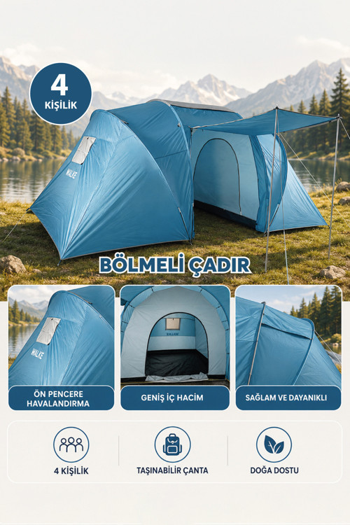 4 Kişilik Çift Bölmeli Aile Kamp Çadırı Su Geçirmez Polyester 460 X 230 X 185