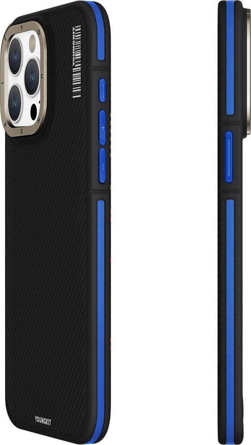 İphone 15 Pro Max Uyumlu Kılıf Magsafe Şarj Özellikli Youngkit 600D Kevlar Kapak Mavi