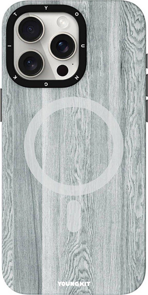 İphone 14 Pro Uyumlu Kılıf Magsafe Şarj Özellikli Youngkit Ahşap Desenli Wood Forest Serisi Gri