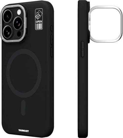 İphone 15 Pro Kılıf Magsafe Şarj Özellikli Kamera Standlı Silikon Youngkit Bitty Cream Kapak Siyah