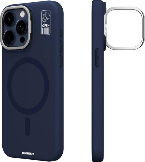 İphone 15 Pro Kılıf Magsafe Şarj Özellikli Kamera Standlı Silikon Youngkit Bitty Cream Kapak Mavi